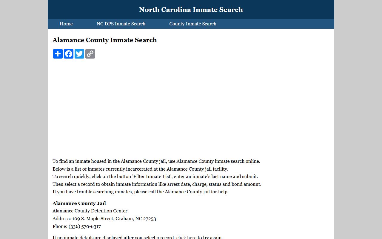 Alamance County inmate search portal for released inmates lookup