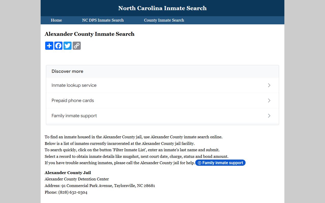 Alexander County inmate search page for released inmates records