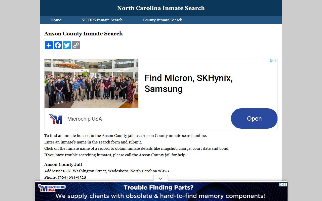 Anson County inmate search portal for released inmates lookup