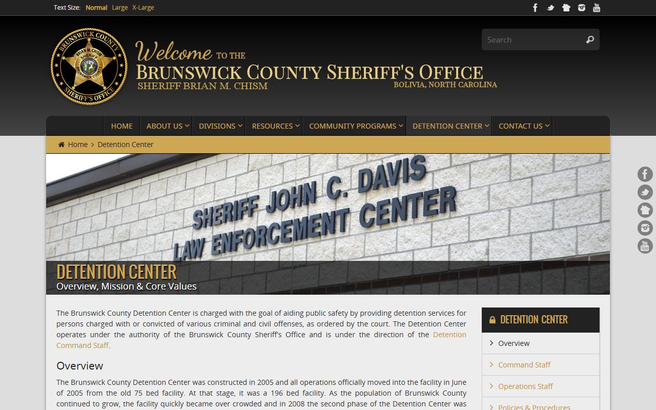 Brunswick County detention center page for released inmates information