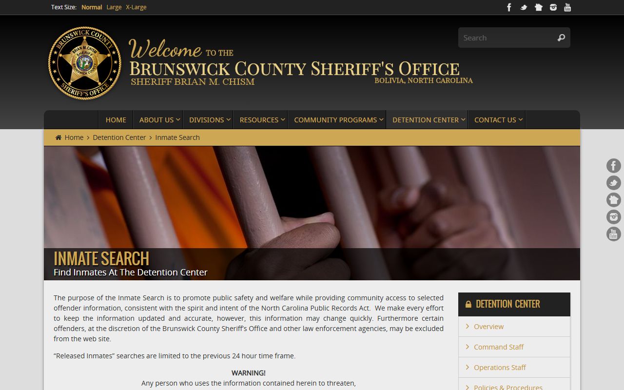 Brunswick County Sheriff online inmate search for released inmates