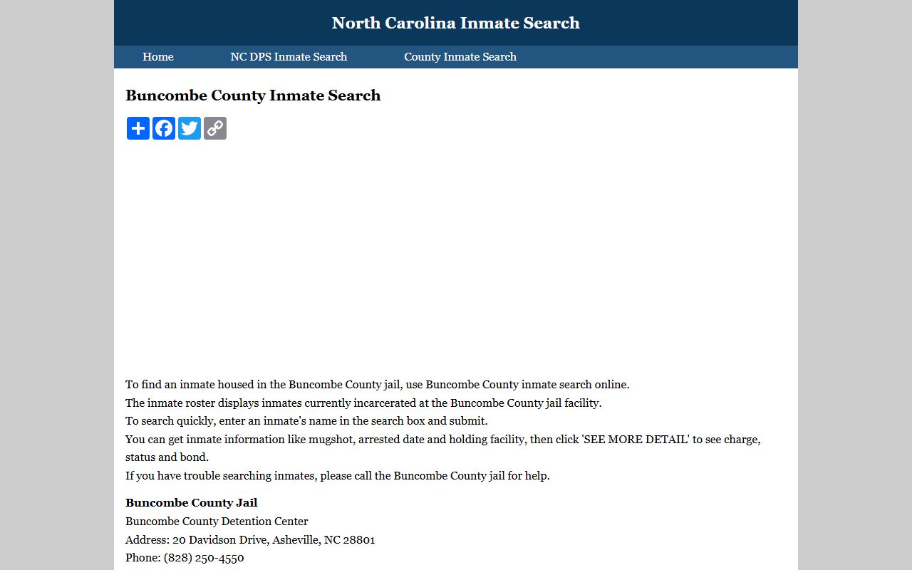 Buncombe County inmate search page for released inmates records