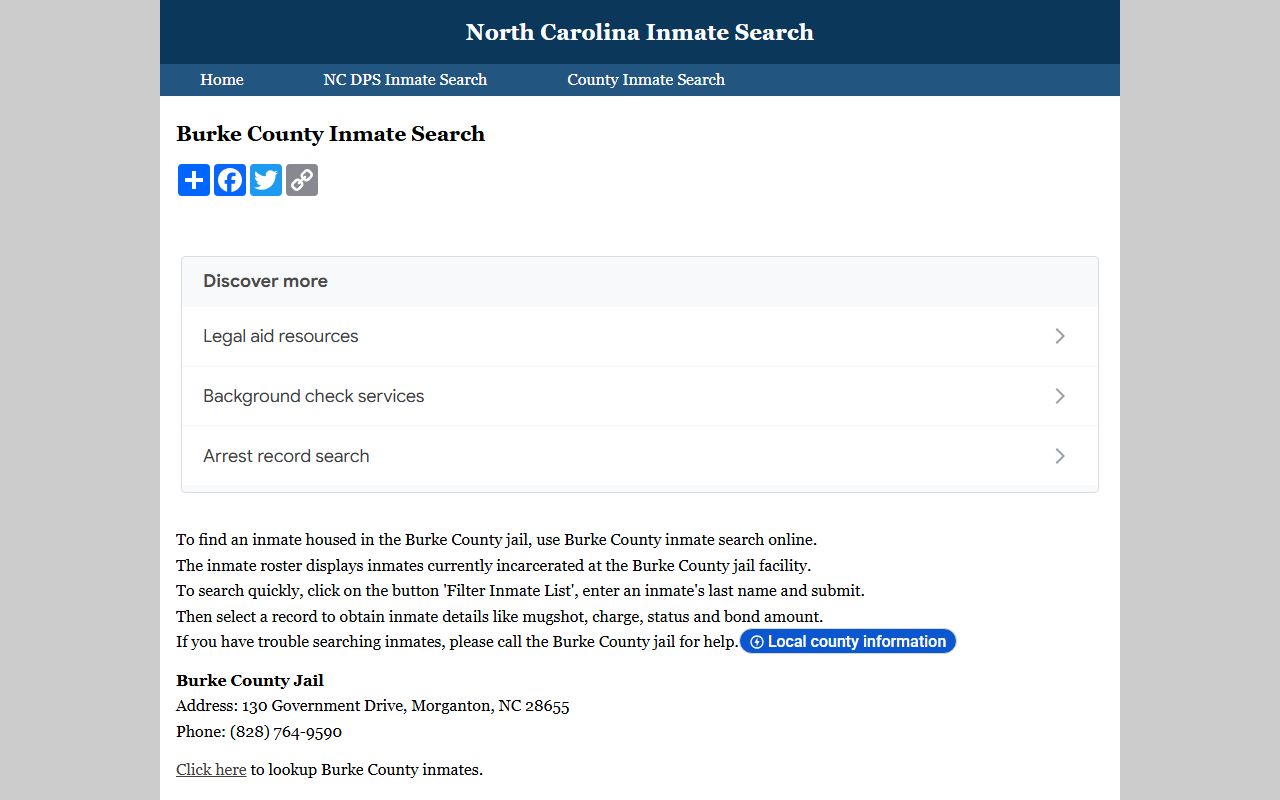 Burke County inmate search page for released inmates