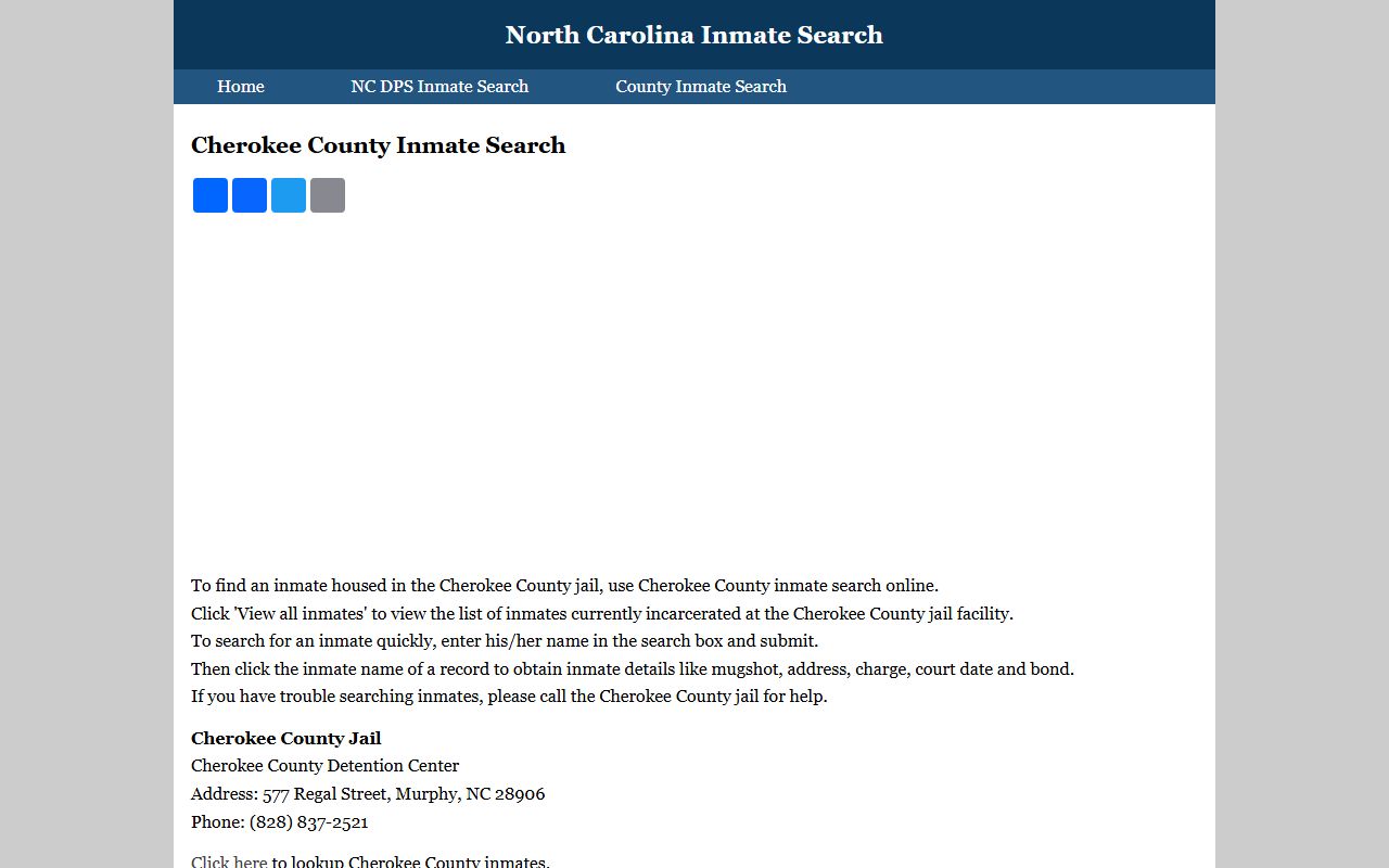 Cherokee County Sheriff detention center inmate search page