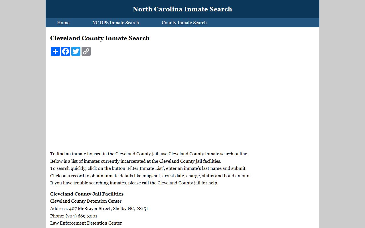 Cleveland County Sheriff detention center inmate search page