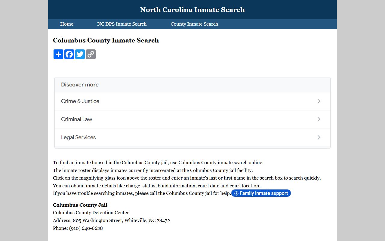 Columbus County Sheriff detention center inmate search page