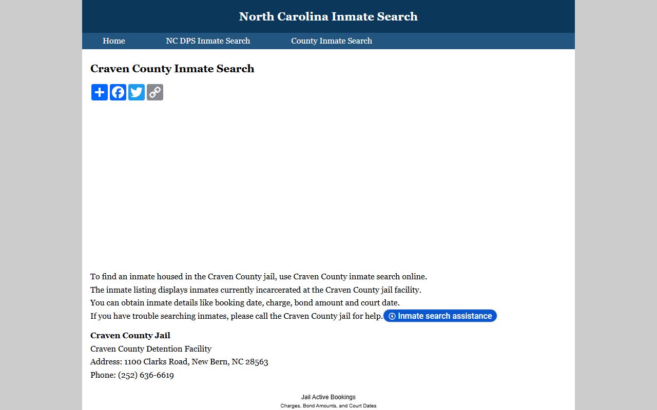 Craven County Sheriff detention center inmate search and roster