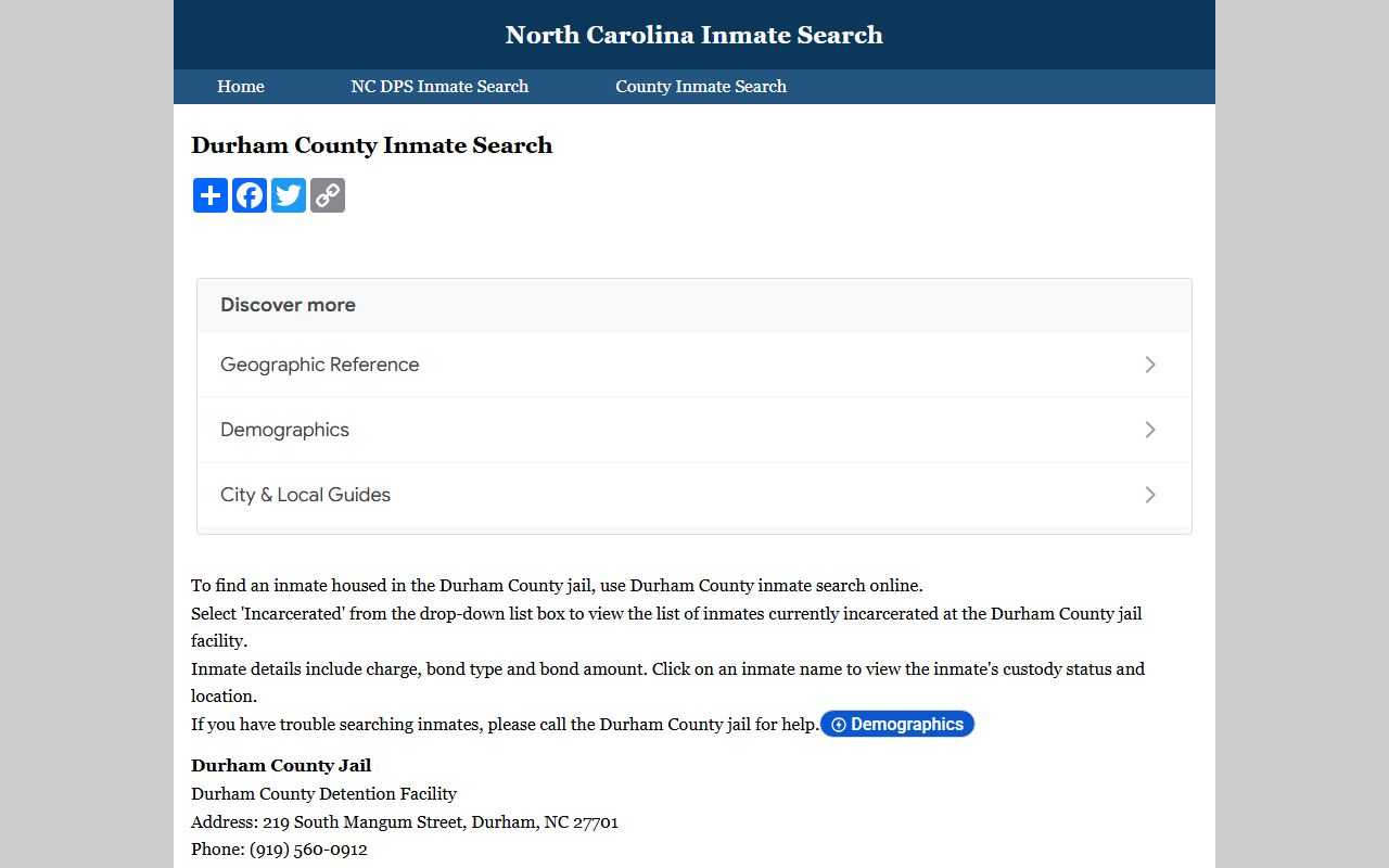 Durham County inmate search portal for released inmates lookup