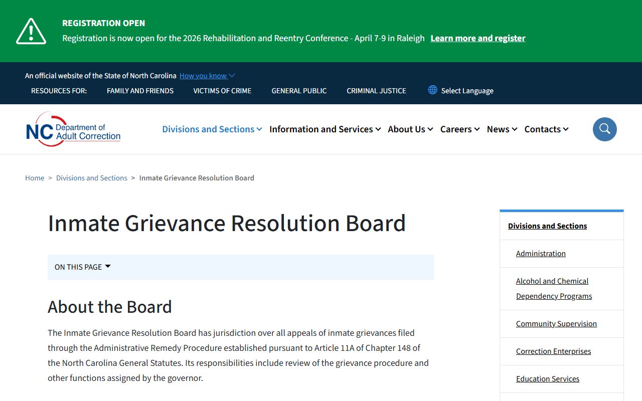 North Carolina released inmates grievance resolution board