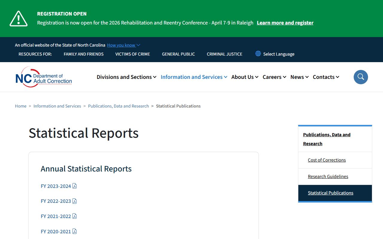 North Carolina released inmates statistical reports page
