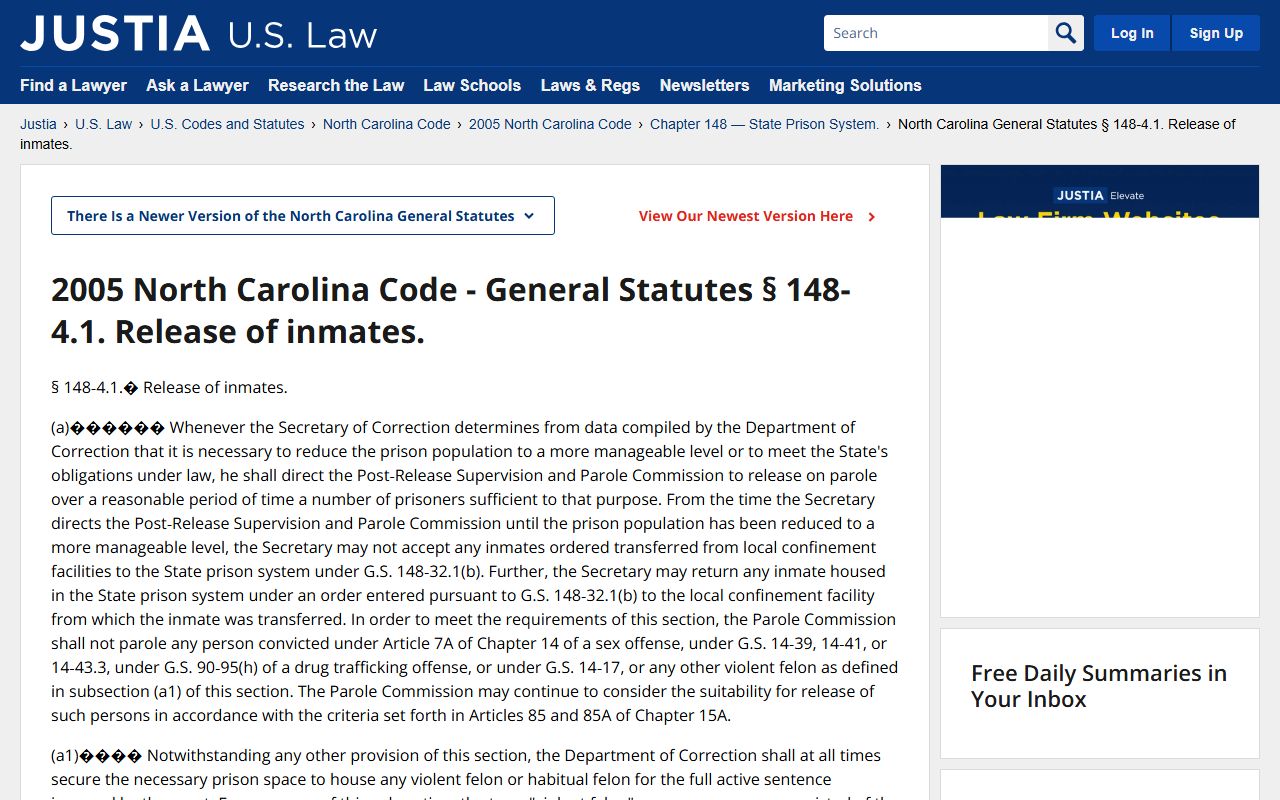 North Carolina released inmates prison system law